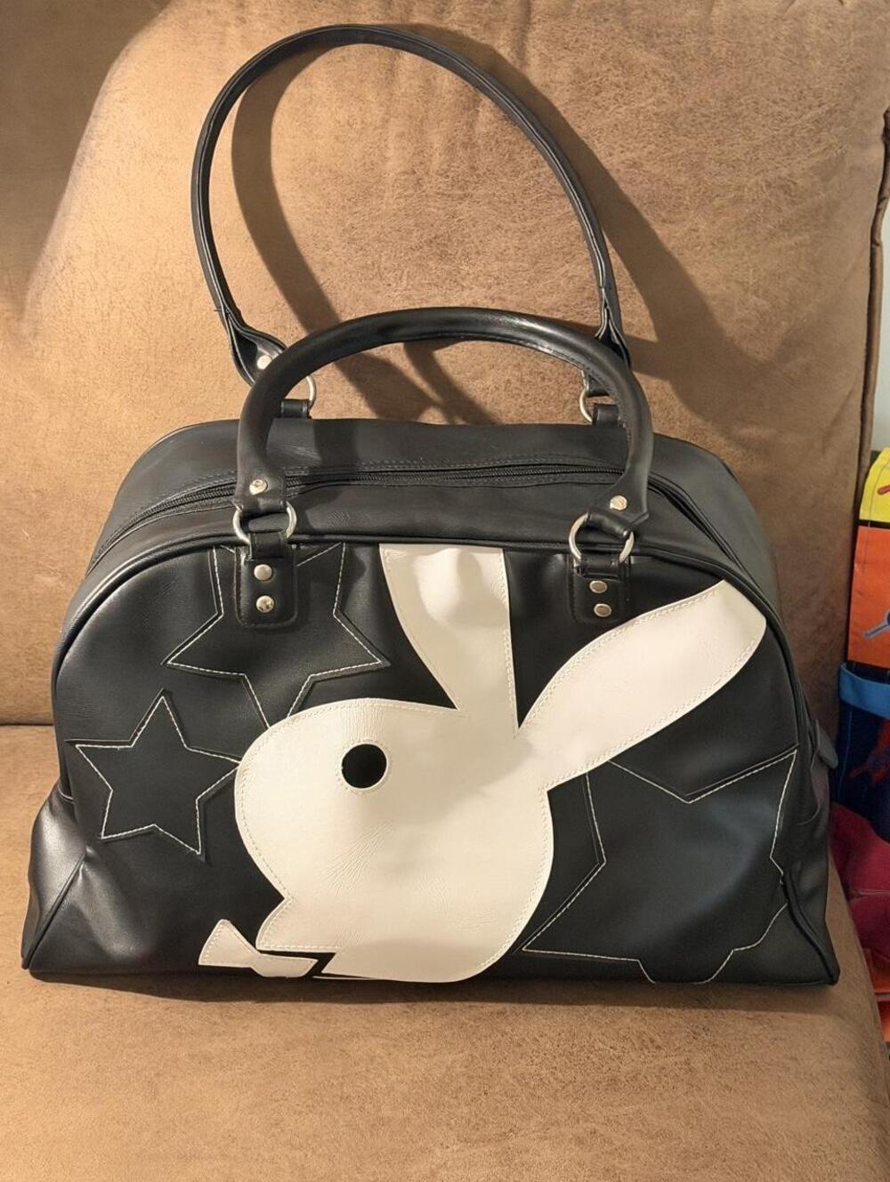 Rare Y2K Playboy Black White Star Bowler/ Duffle Bag  Hot Pink Monogram Interior